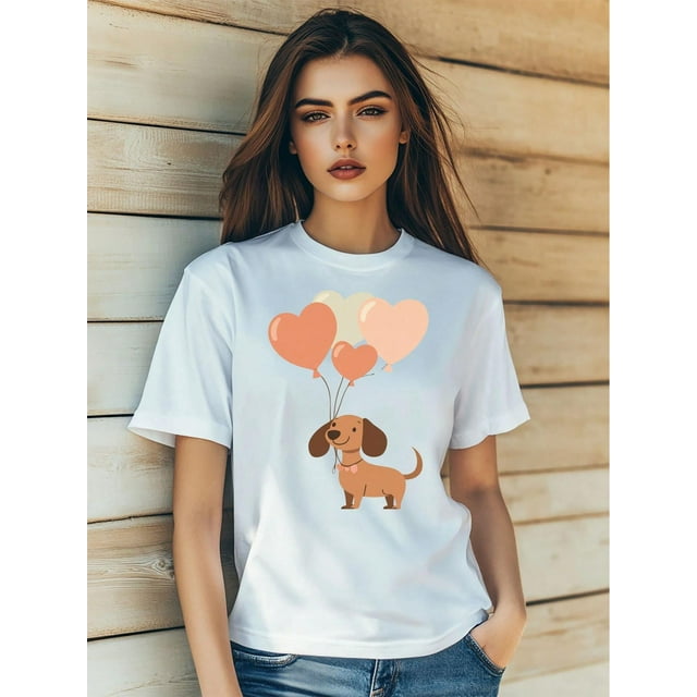 T-Shirt Imprimé Kawaii Amour de Chien pour la Saint-Valentin pour Femmes Mode Manches Courtes Col Rond