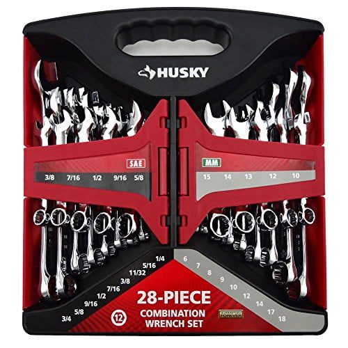 Husky 28CW002NC 28-Piece SAE and Metric Combination Wrench Set and Plastic Labeled Storage Case 