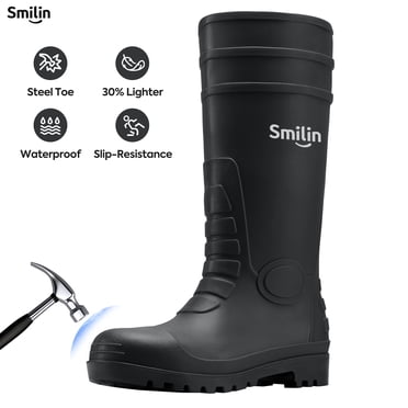 SMILIN PVC Rubber Rain Boots for Men,Steel Toe Waterproof and Slip Resistant lightweight Knee Men's Work Boots,Black Color,US Size 10