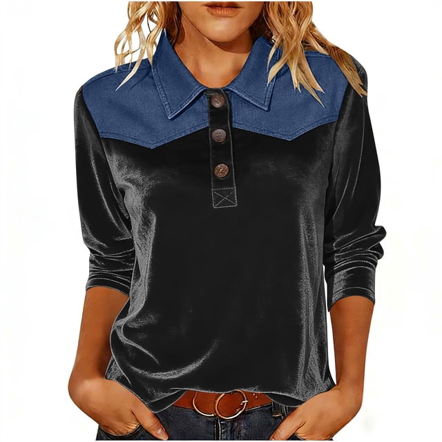 Camisetas de Manga Larga de Negocios Casual para las Mujeres Slim-Fitting Gold Velvet Denim Patchwork Pullover, Camisetas de Manga Larga de las Señoras para el Trabajo Diario de la Oficina
