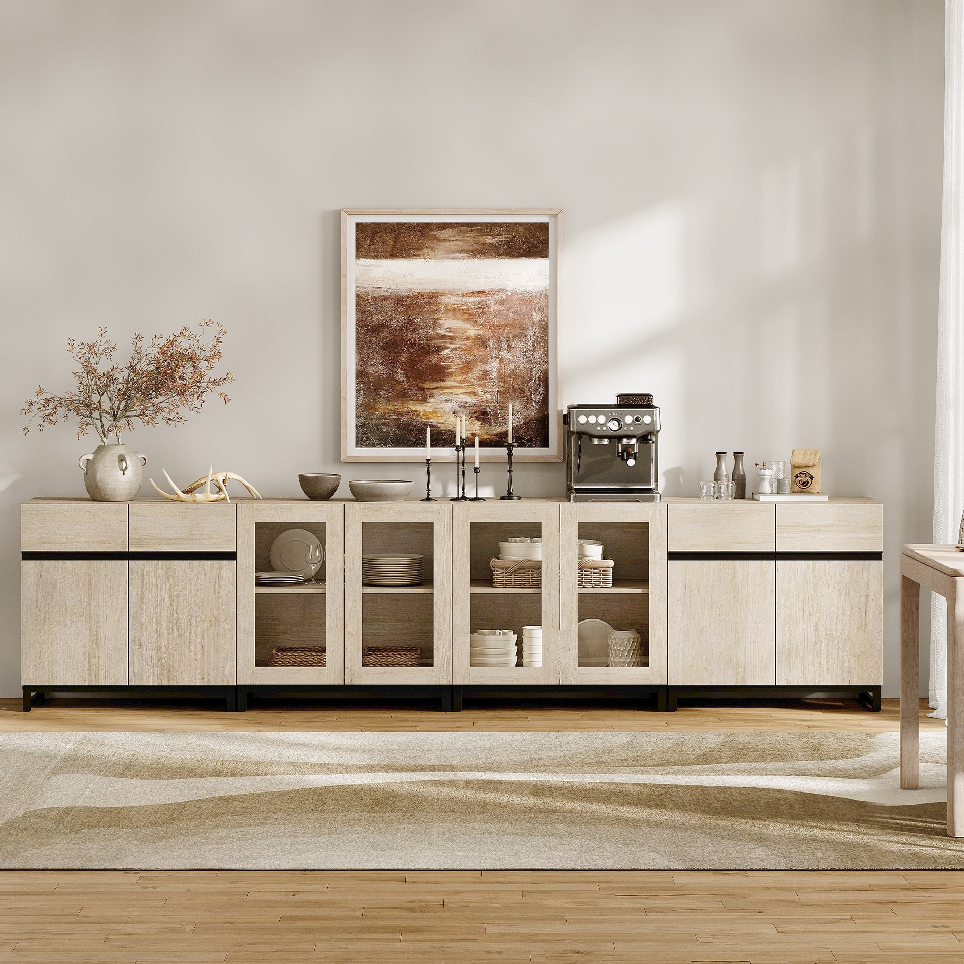 4-in-1 Multifunctional Sideboard Cabinet, Modern Glass Door Buffet Cabinet with Adjustable Shelf & Metal Base, Freestanding Coffee Bar Storage Credenza for Dinning Room,Beige