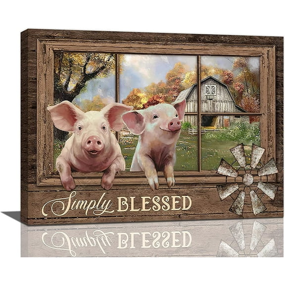Farm Pig Wall Art Window Simply Blessed Cute Pigs Pictures Wall Decor Farmhouse Animal Pig Canvas Print Painting Rustic Funny Pig Decor Artwork For Bedroom Living Room Framed Ready to Hang 12"x16"