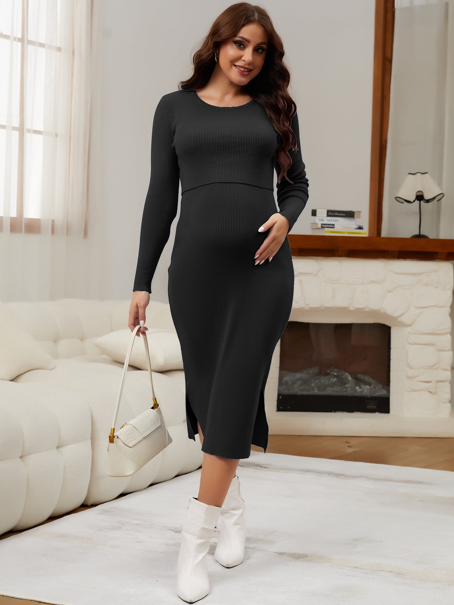 DARING DIVA Women's Maternity Sweater Ribbed Dress 2-Piece XL Black