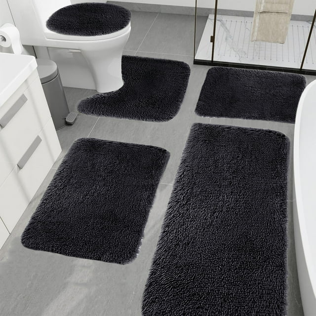 Nilvkv 5Pcs Solid Color Bath Mats Bathroom Rugs For 5 Pcs Toilet Mats Universal Soft Longhair Water Absorption Non-Slip Thick Machine Washable Easy To Dry Dark Color