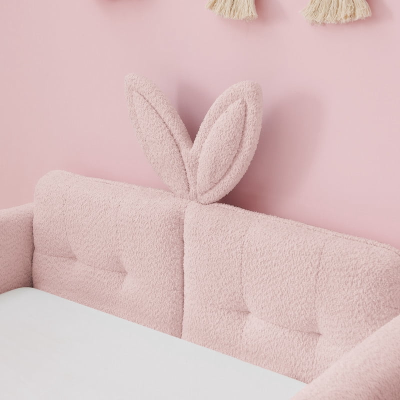 Twin Size Upholstered Platform Bed with Rabbit Ear Headboard, Kids Floor Bed with Storage Pocket & Safety Guardrail, No Box Spring Required