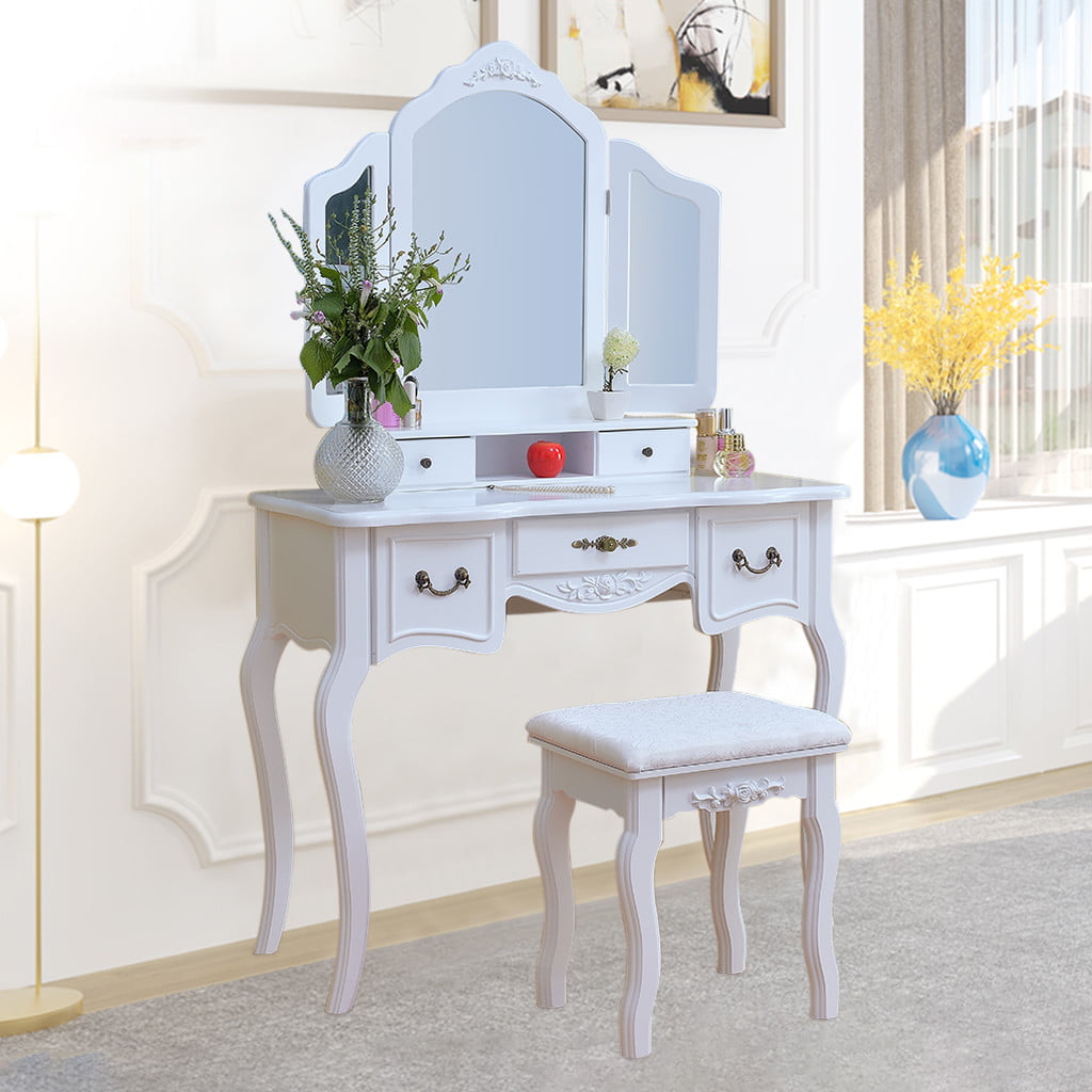 Vanity Beauty Station Makeup Table And Wooden Stool 3 Mirrors And 5 Drawers Set 