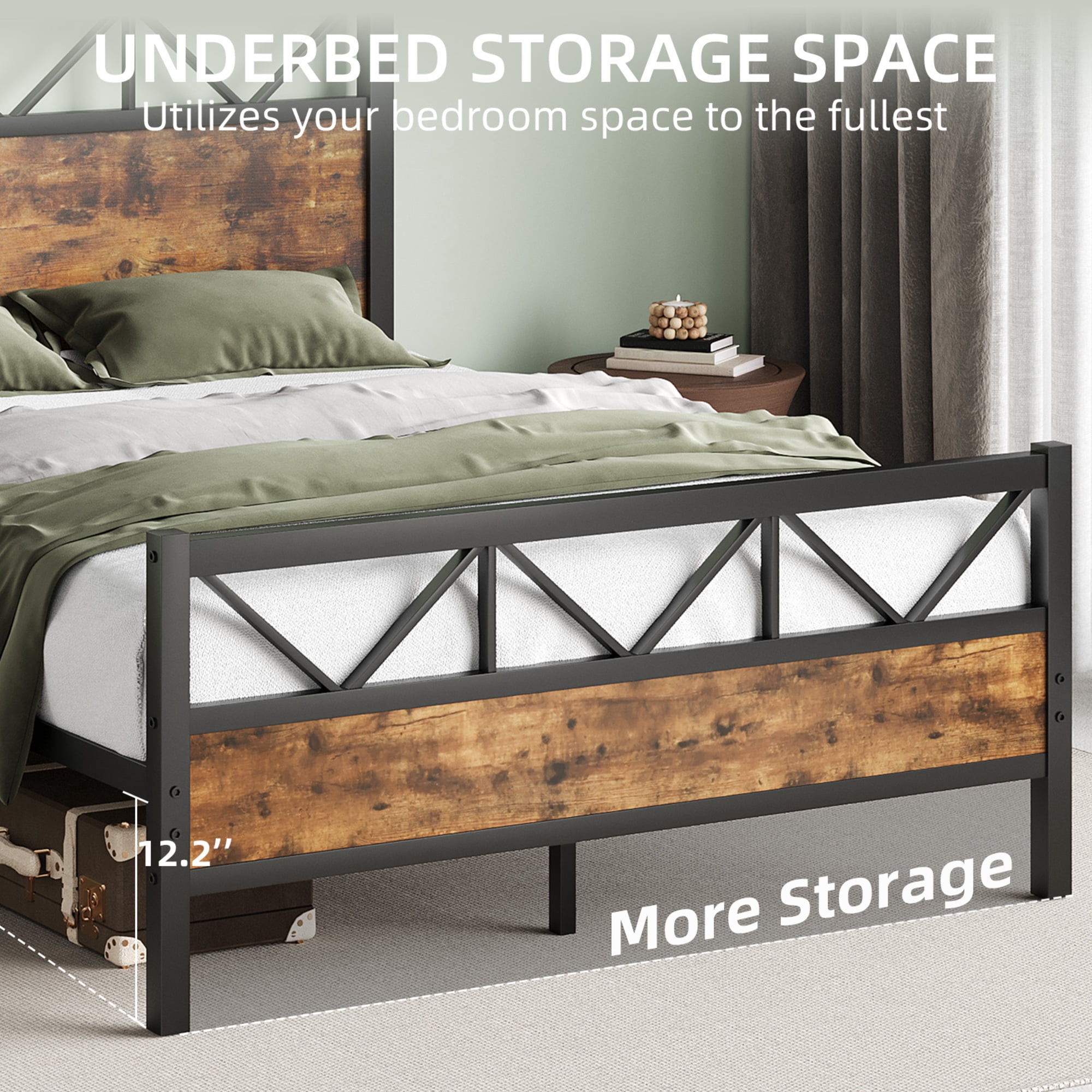 4 EVER WINNER 51.2" Industrial Metal Twin Bed Frames with Tall Headboard & Footboard, Strong Metal Slats Support and Noise-Free Design with Under Bed Storage/No Box Spring Needed, Rustic Brown