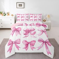 Manfei Bowknot Ribbon Queen Comforter Set,Cartoon Bow Tie Bedding Sets,White Pink Bedding Comforter Set For Girls,Microfiber Bedroom Decor Reversible,3pcs