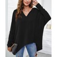 thumbnail image 2 of Mujeres Sueltas Top Cuello En V Mangas Largas De Murciélago Patrón Liso Casual Mujer Jersey Camisa Negro M, 2 of 6