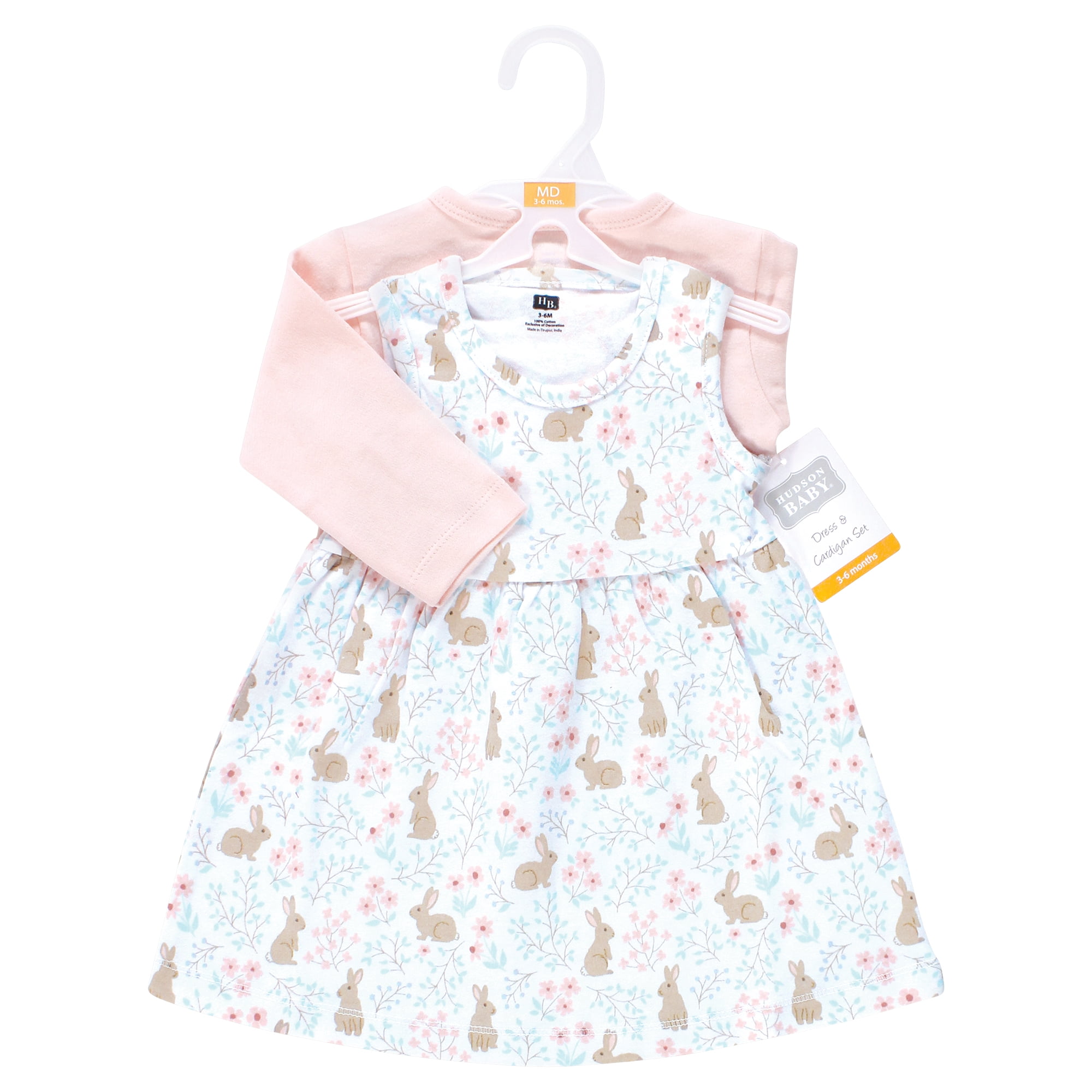 Hudson Baby Infant and Toddler Girls Cotton Dress and Cardigan Set, Floral Bunnies, 0-3 Months