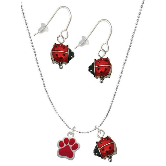 Delight Jewelry Silvertone Small Red Paw Red Lucky Ladybug Necklace and Dangle Earrings Set