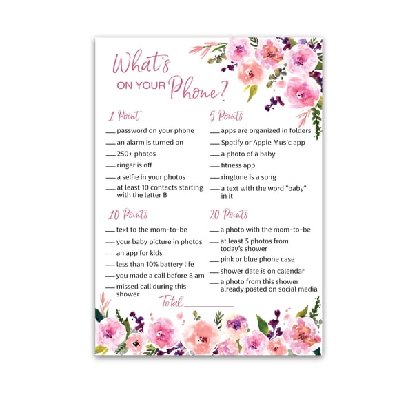 PINK FLORAL Baby Shower Games — WHAT'S ON YOUR PHONE Baby Shower Game — Pack of 25, Pink Flowers Garden Shower Activity, Couples Co-ed Shower Baby Sprinkle Sip and See Birthday G140-PHN