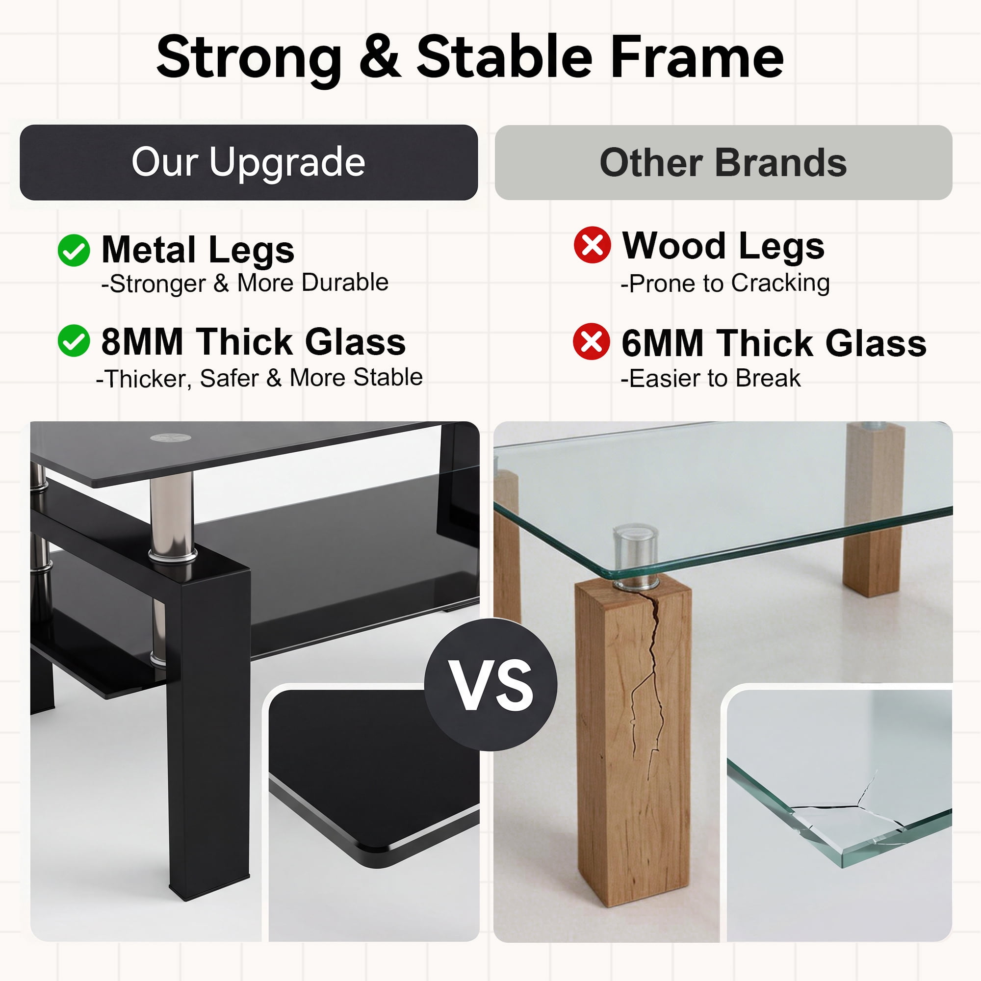 Glass Coffee Table with Lower Shelf, Holaki Modern Rectangular Tempered Glass Center Table with Metal Legs for Living Room, Black