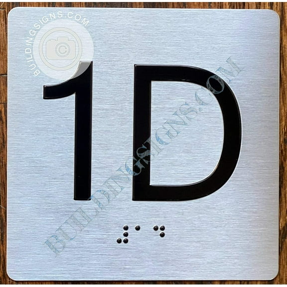 Apartment Number 1D Sign with Braille and Raised Number (Aluminum, 4x4, Double Sided Tape, Silver)-The Sensation line (ref-2201)