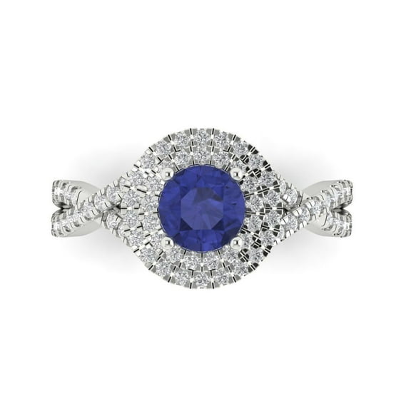 1.3125 ct Round Cut Simulated Tanzanite with Simulated Diamond Halo Accents 18K White Gold Womens Engagement Ring