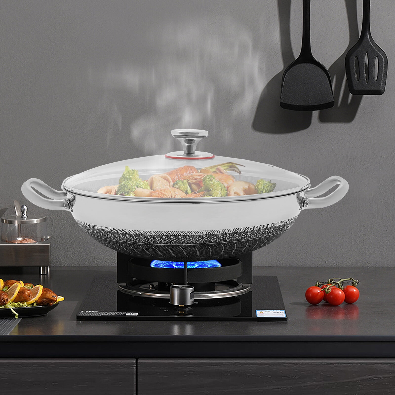 DUYIWAA 36cm Frying Pot Stainless Steel Non Stick Paella Pan Skillet Frying Pan with Tempered Glass Lid
