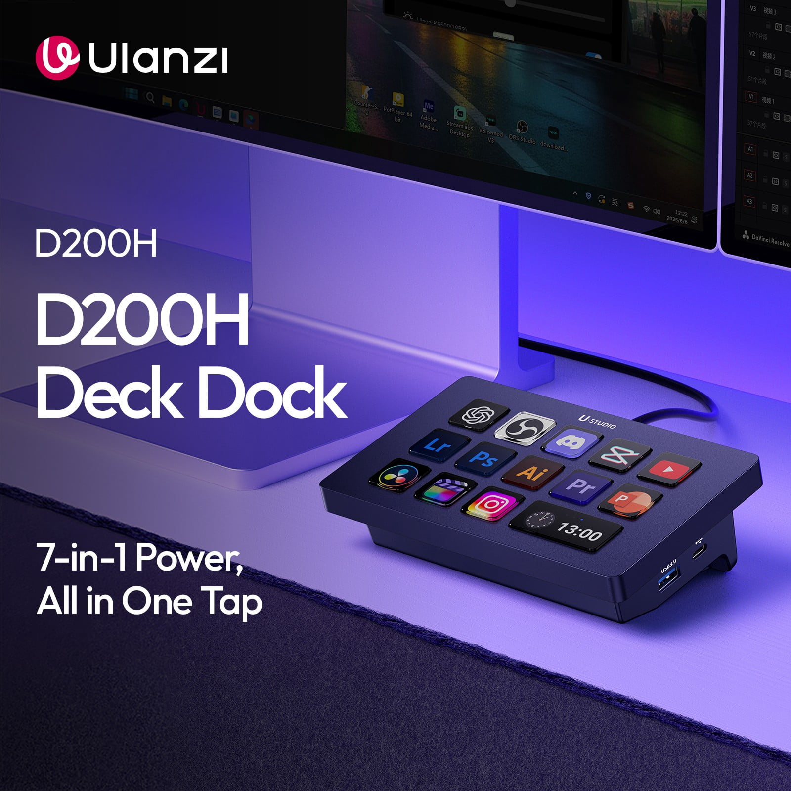 Ulanzi D200H 7-in-1 USB-C Dock & Stream Control Hub, 100W PD Docking Station with Custom Shortcut Pad, SD/TF Reader for Windows & macOS