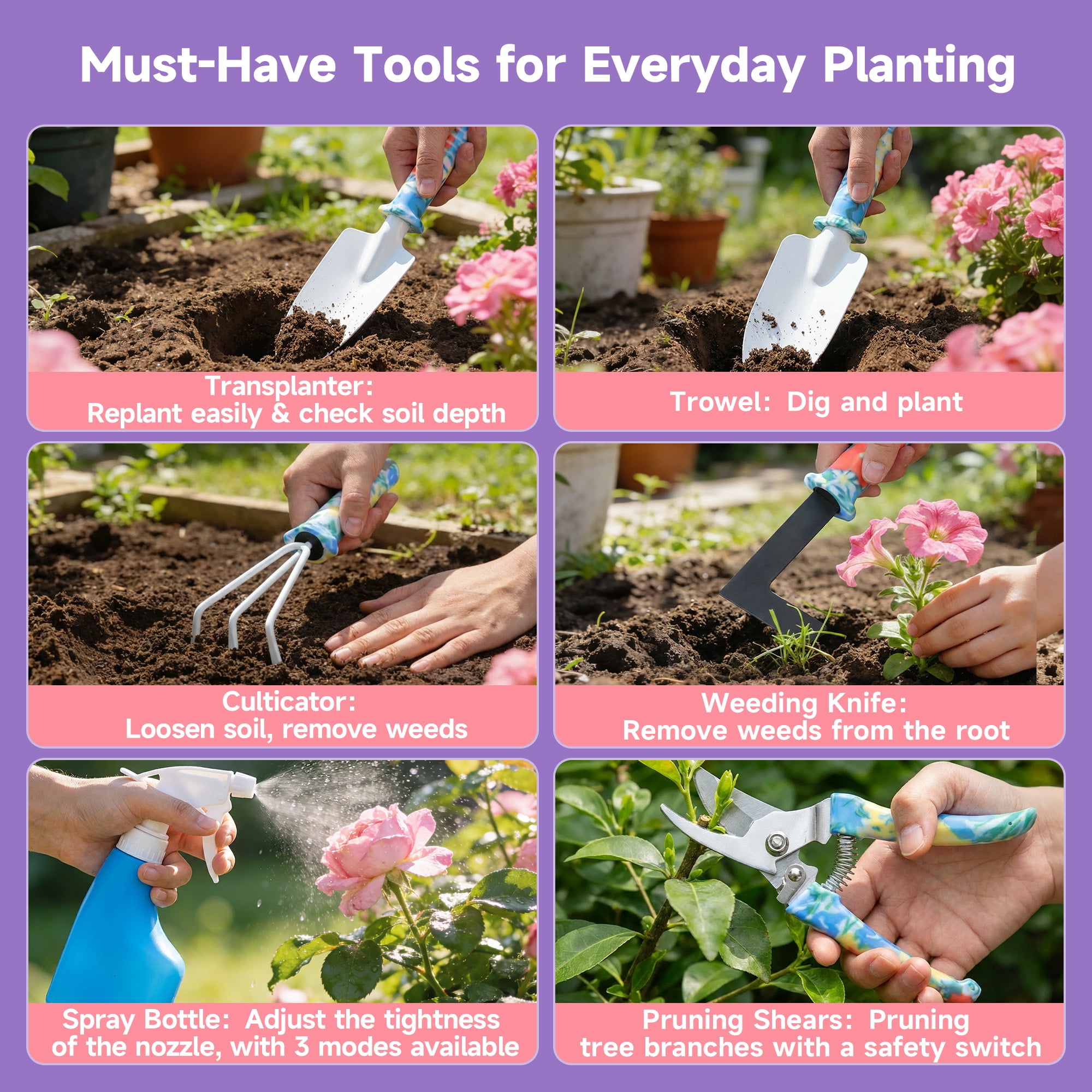 ALLJOY 10 Piece Garden Tools Set Heavy Duty Gardening Hand Tools Kit,Garden Gifts Supplies for Women Mom