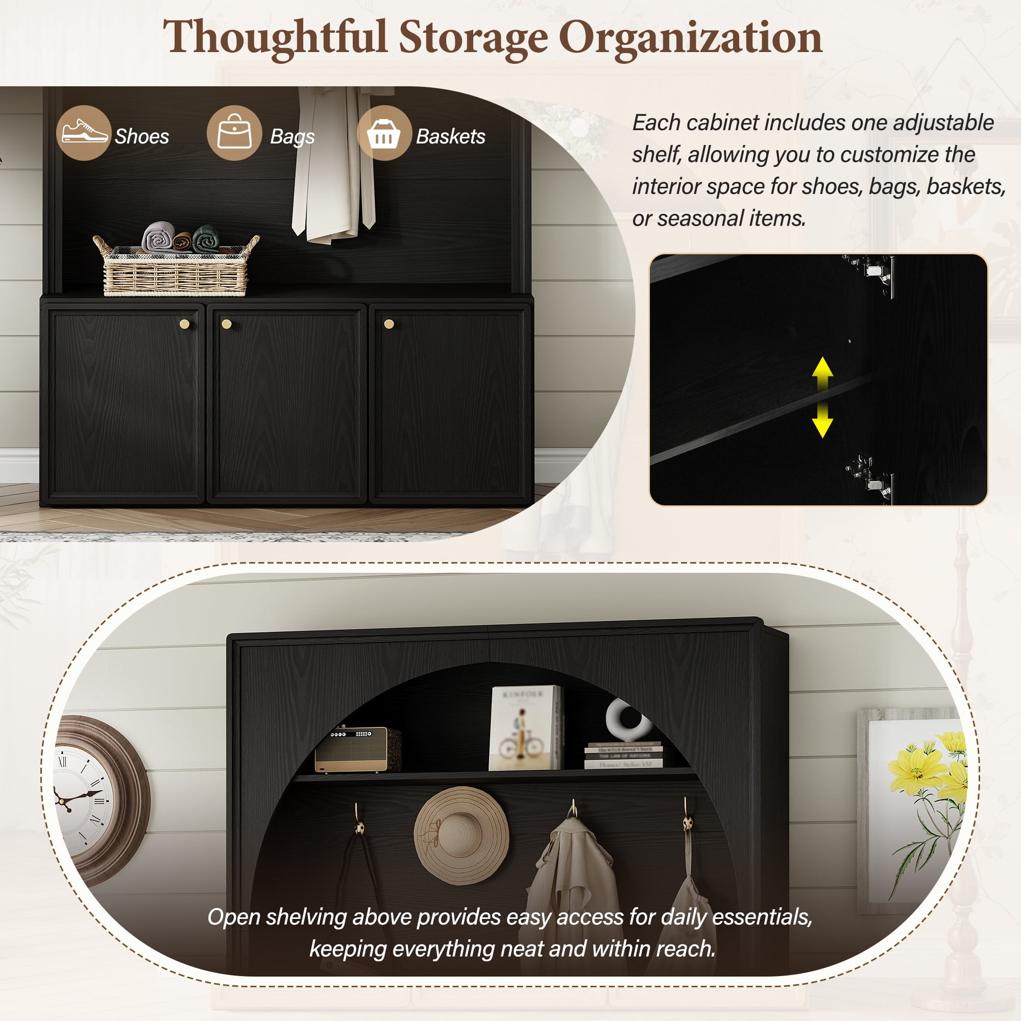 T-Foyer Farmhouse Black Hall Tree with 4 Hooks & 3 Cabinets, Wooden Rustic Entryway Organizer with Open Storage