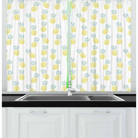 Exotic Curtains 2 Panels Set, Pineapples with Rhombus Pattern Healthy Hawaiian Fruit Summer Snack, Window Drapes for Living Room Bedroom, 55W X 39L Inches, Pale Yellow Pale Green, by
