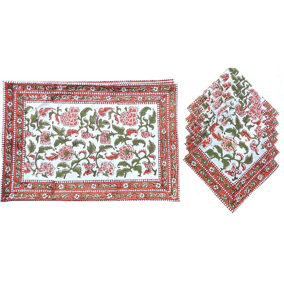 Rastogi Handicrafts Hand Block 100% Cotton Indian Style Theme Dining Table Mats and Napkins Set of 6 Place-mats Runners (Orange 1)
