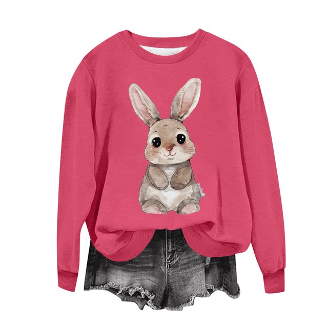 Penkiiy Chemises de Pâques pour Femmes 2024 Manches Longues Mignon Lapin Col Rond Chandail en Molleton Graphique Lapin Décontracté Été Blouse Tunique Hauts 2TG Rose Vif