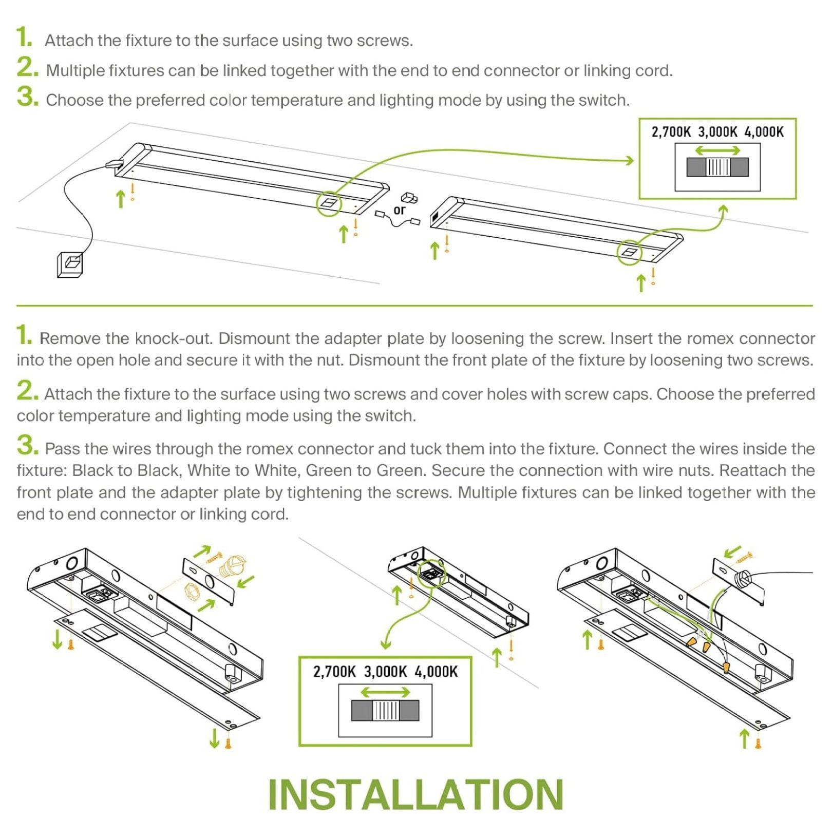40 Inch LED Under Cabinet Lighting Plug in or Hardwired, High/Low/Off , 20W 120V 3 CCT 2700K/3000K/4000K CRI90+, Triac Dimmable Linkable Under Counter Lights for Kitchen, ETL Listed, White