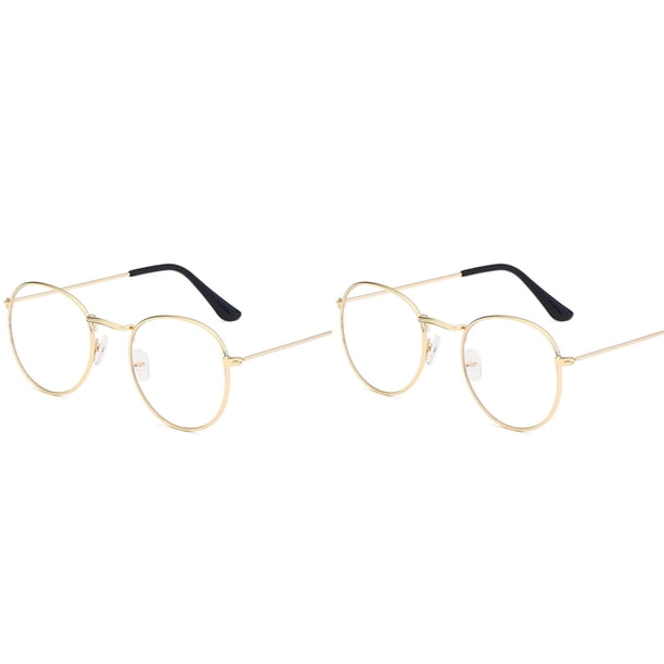 2X Gafas de de Impresión de Metal Redondo Grande Unisexo Gafas Decorativas Lentes Claras Ligeras Gafas Retro para Hombre Mujer Oroy Negro