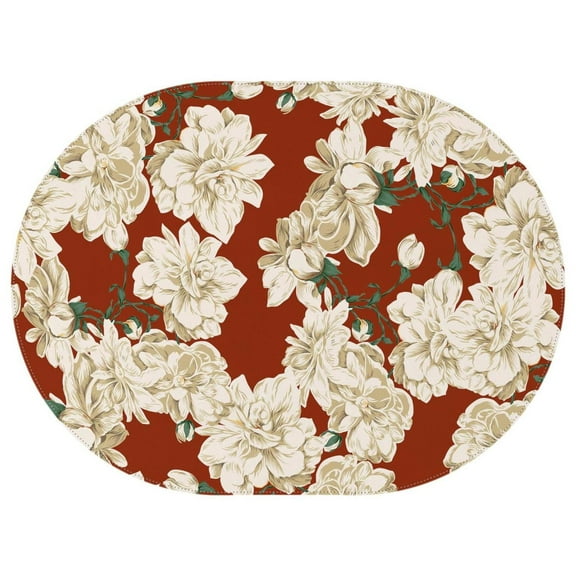 Oval Waterproof Tablecloth White Flowers on Red Reusable Indoor/Outdoor Durable Table Cover 54 Inch X 72 Inch