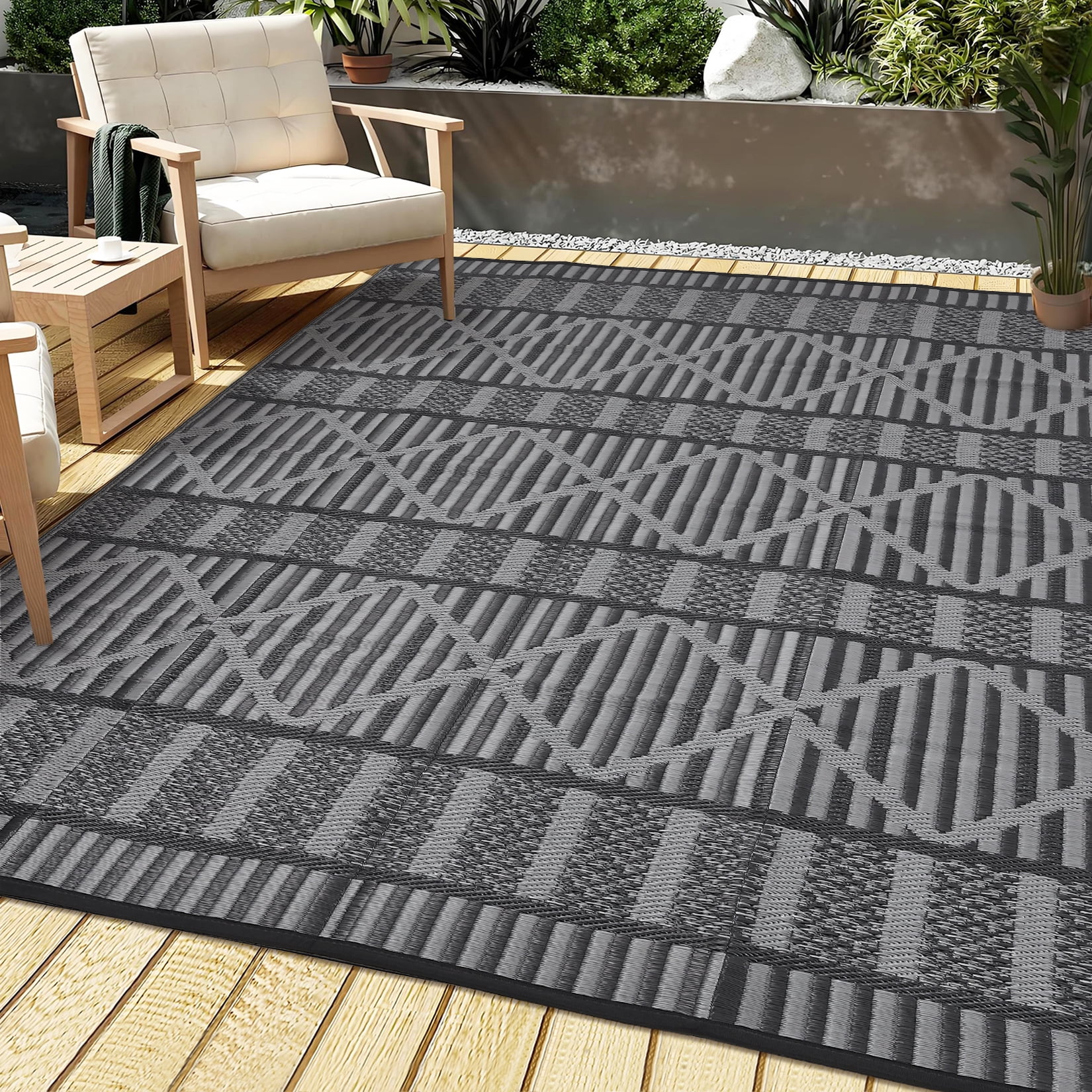 Garvee 9'x18' Outdoor Rug Waterproof Outdoor Patio Rug Mat, Reverisble Plastic Straw Outdoor Rug for RV Camping Picnic Beach Balcony, Black and Gray