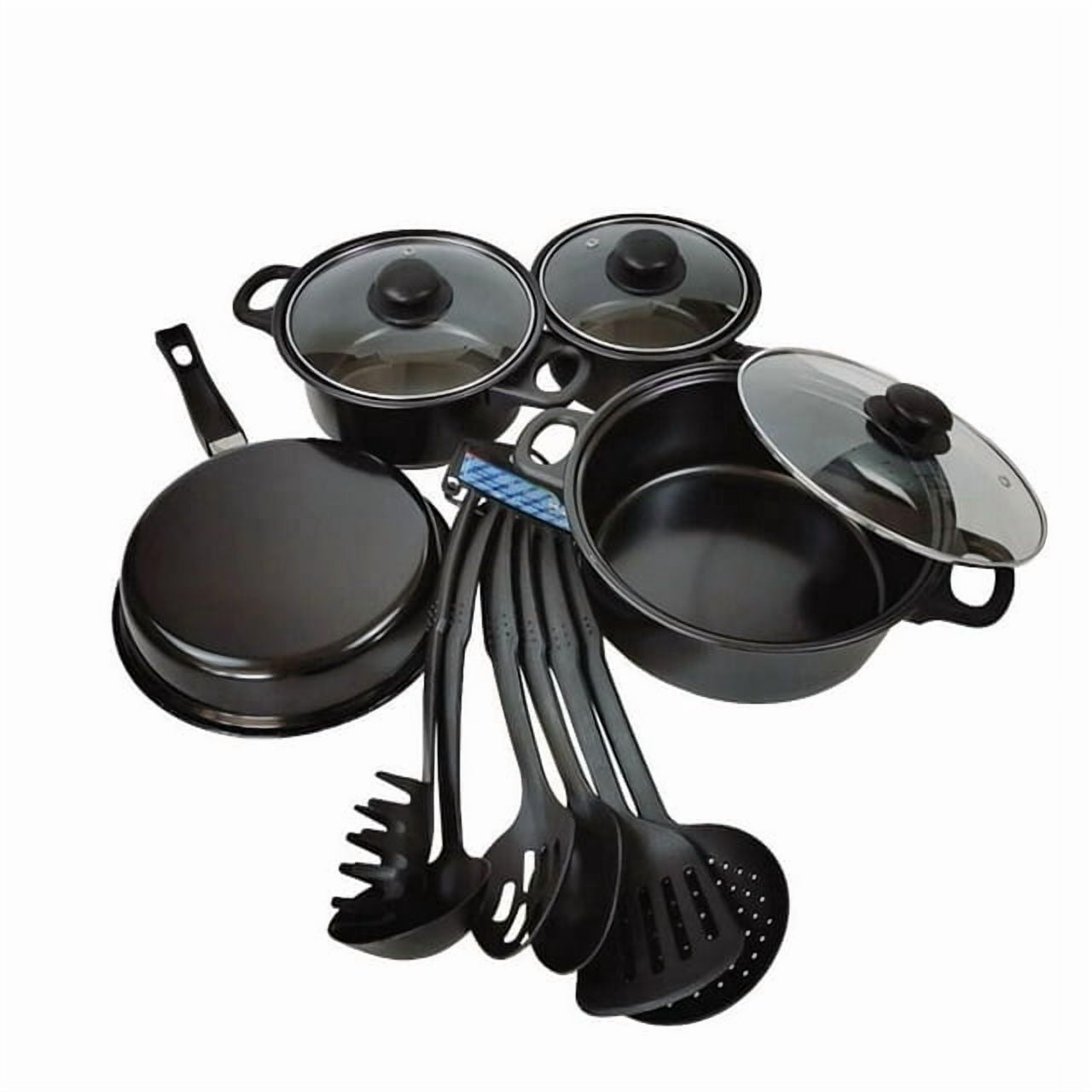 SSAWcasa Non-Stick Cookware Set, Small Portable Cast Iron Pots and Pans with Glass Lids and Nylon Utensils for Outdoor Cooking - 13 Piece Set, Black