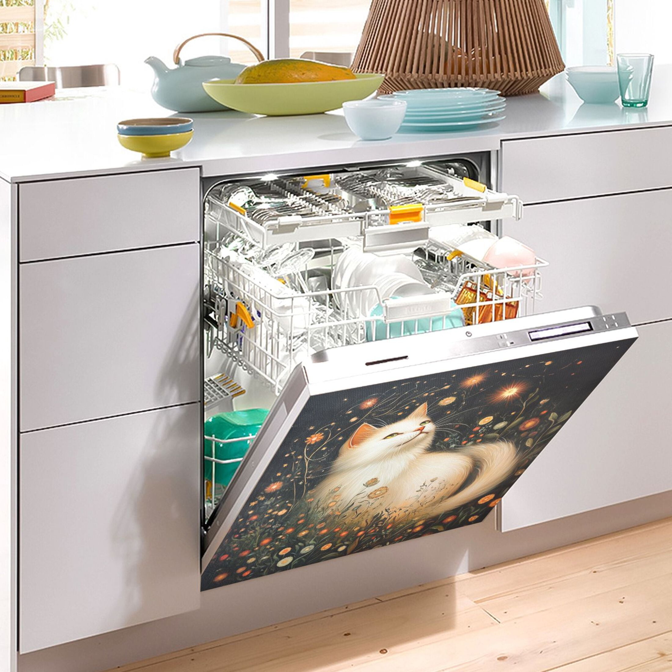 Dishwasher Magnetic Sticker 23x26 Inch Refrigerator Magnetic Sticker Washing Machine Magnetic Sticker Kitchen Panel Magnetic Sticker Home Decor Magic White Cat