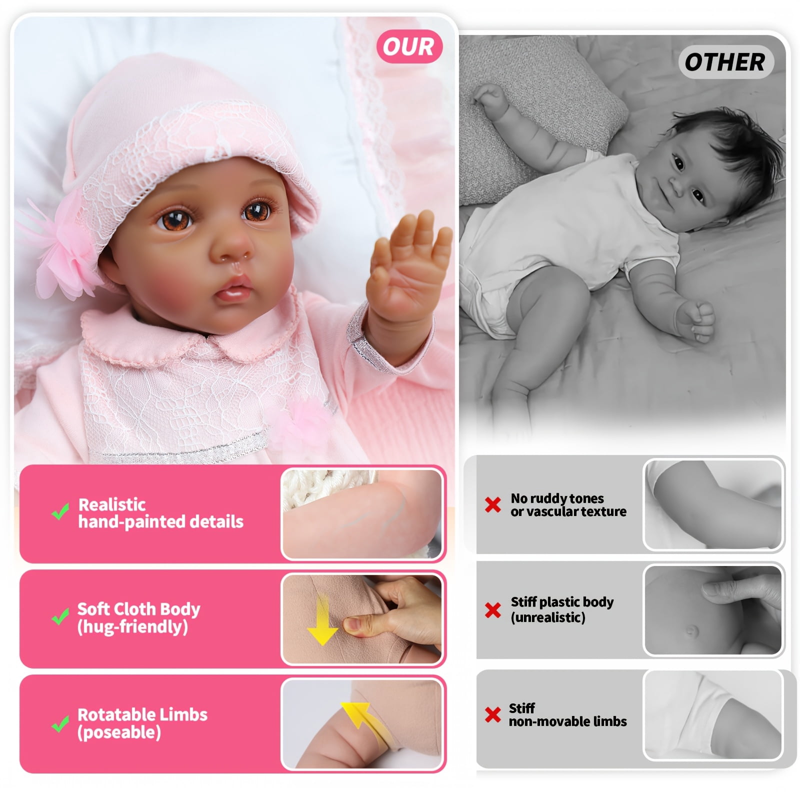 16 Inch Reborn Baby Doll Girl, Black Realistic Newborn Doll With Brown Eyes Pink Outfit, Lifelike Soft Body Baby Doll Collectible Toy For Role Play, Birthday Christmas Gift For Girls Age 3+