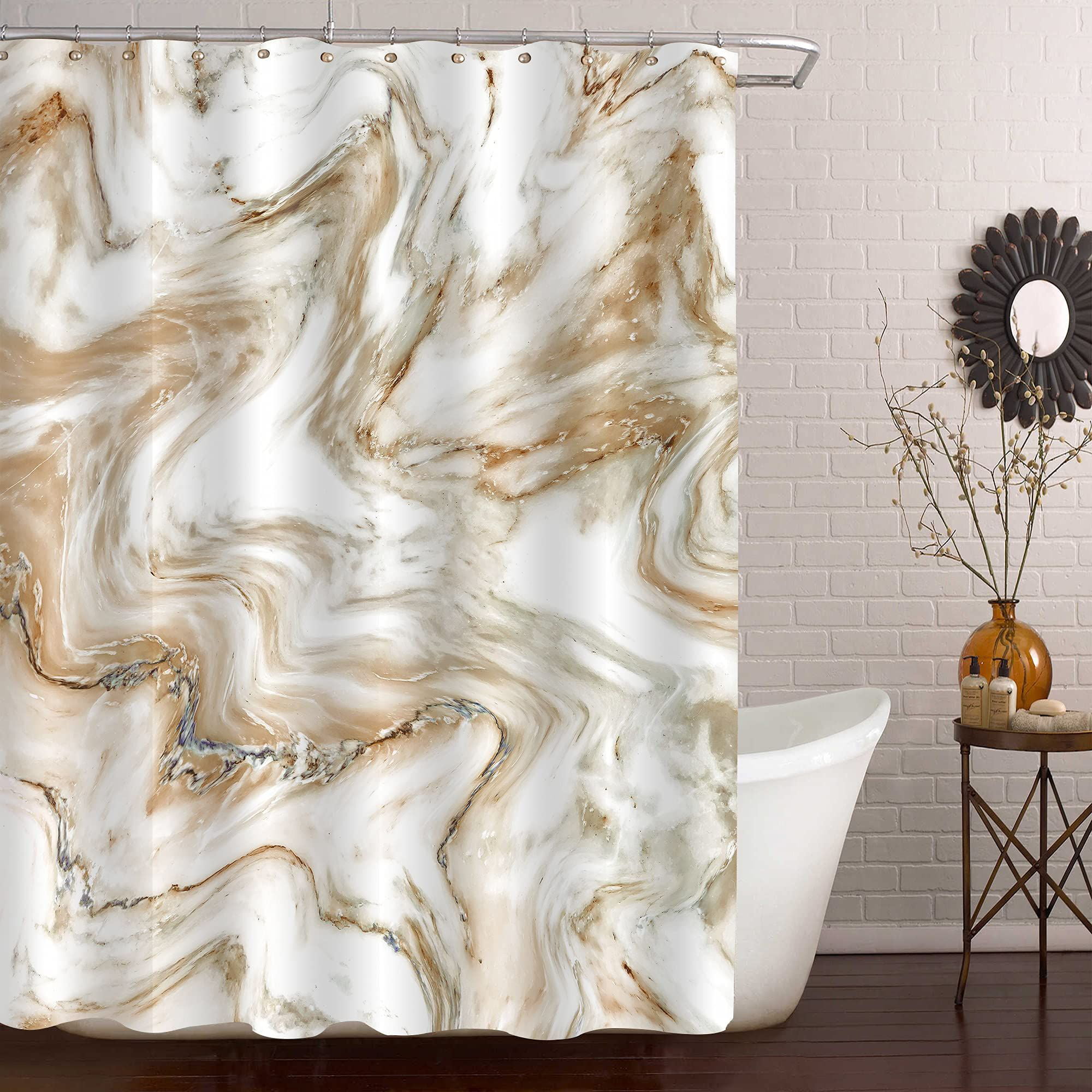 Grey & White Marble Bathroom Waterproof Fabric Bath Shower Curtain Hooks Set 72" 