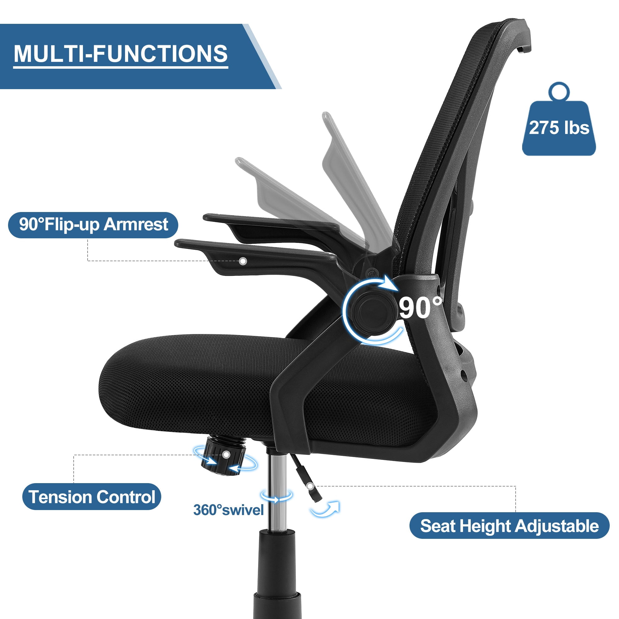 Javlergo Office Chair, Ergonomic Desk Chair Breathable Mesh Chair with Adjustable High Back Lumbar Support Flip-up Armrests, Executive Rolling Swivel Comfy Task Computer Chair, Black
