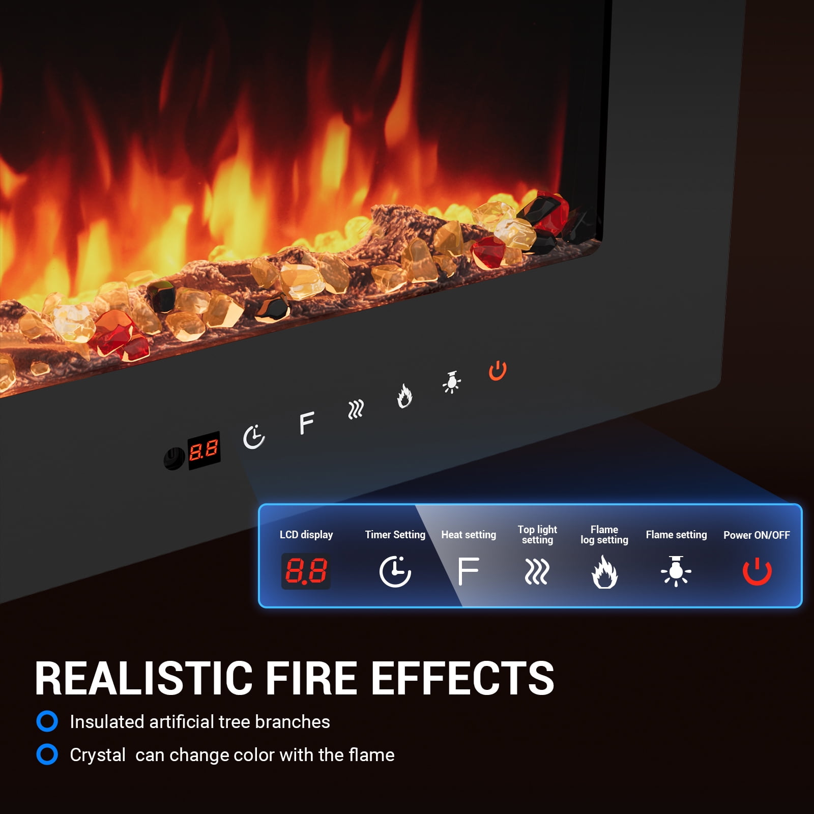 Joreek 60" Electric Fireplace, 750W/1500W, 12 Adjustable Flame Colors, 12-Hour Timer, Low-Noise Design, Supports Wall-Mounted/Freestanding/Built-In Installation