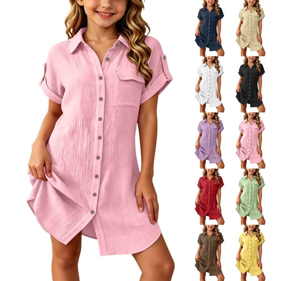 Y-Sunset Girls Button Down Shirt Dress, Short Sleeve Casual Linen Tunic Dress, Kids Collared Summer Dress with Pocket, Loose Fit Beach Cover Up for Girls(Pink/3-4 Years)