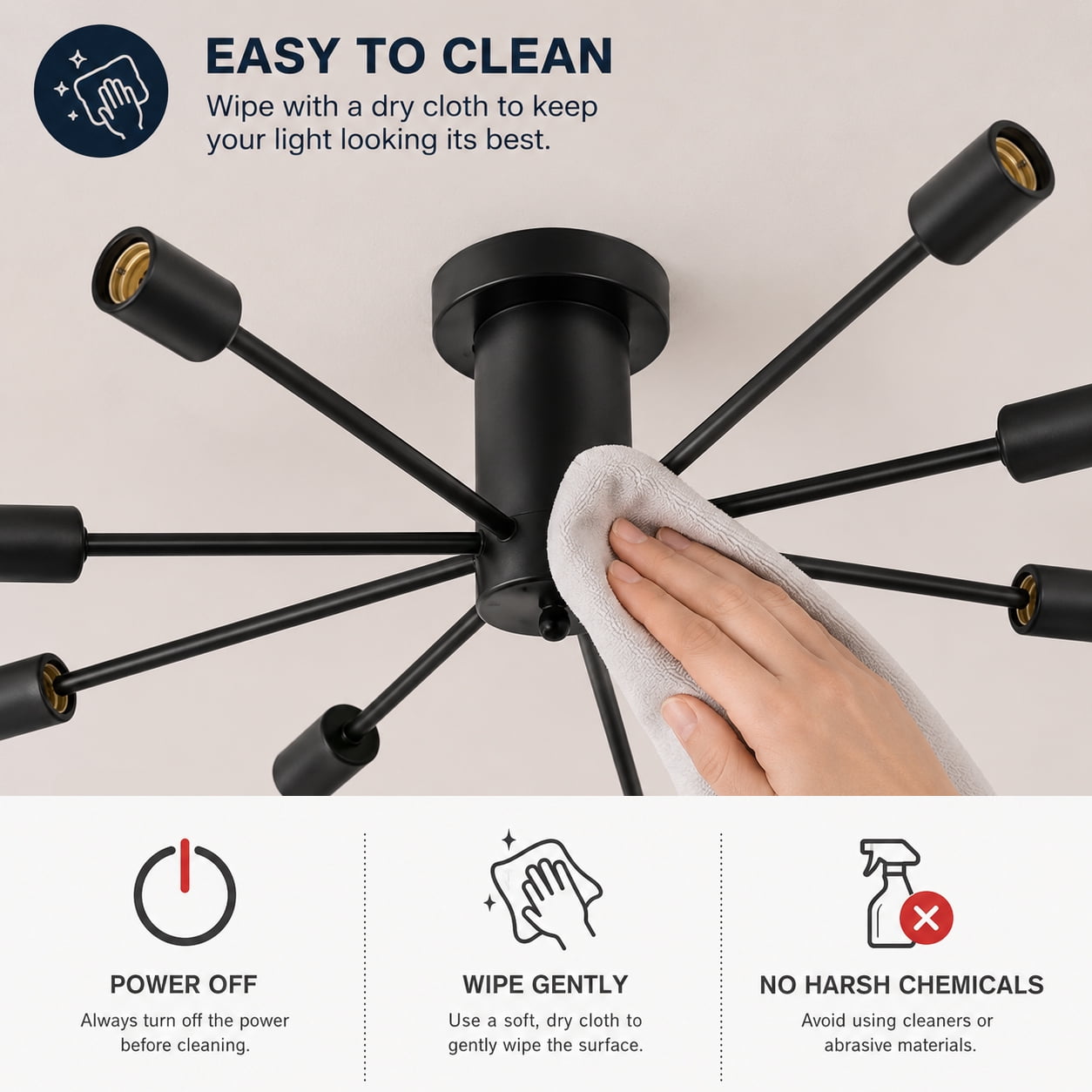 Garwarm 10-Light Black Sputnik Chandelier, Modern Semi Flush Mount Ceiling Light, Industrial Ceiling Lighting Fixture for Dining Room, Living Room, Bedroom, Kitchen, Foyer