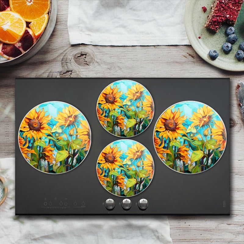 BaHomeck Electric Stove Burner Covers Set of 4,Round Metal Gas Stove Burner Covers 8 Inch and 10 Inch,Kitchen Decor,Sunflowers In The Style Of Stained Glass