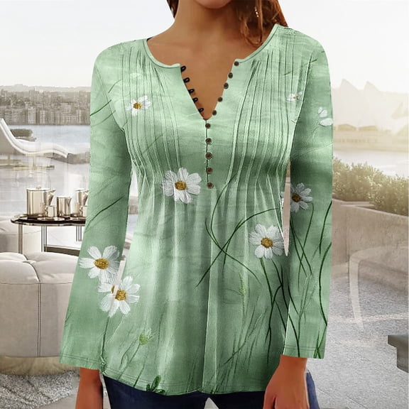 YOTAMI V-Neck Shirts for Women Ruffled Button Down Collar Printed Plus Size Blouse for Work Long Sleeve Comfy Clothes Multicolor L