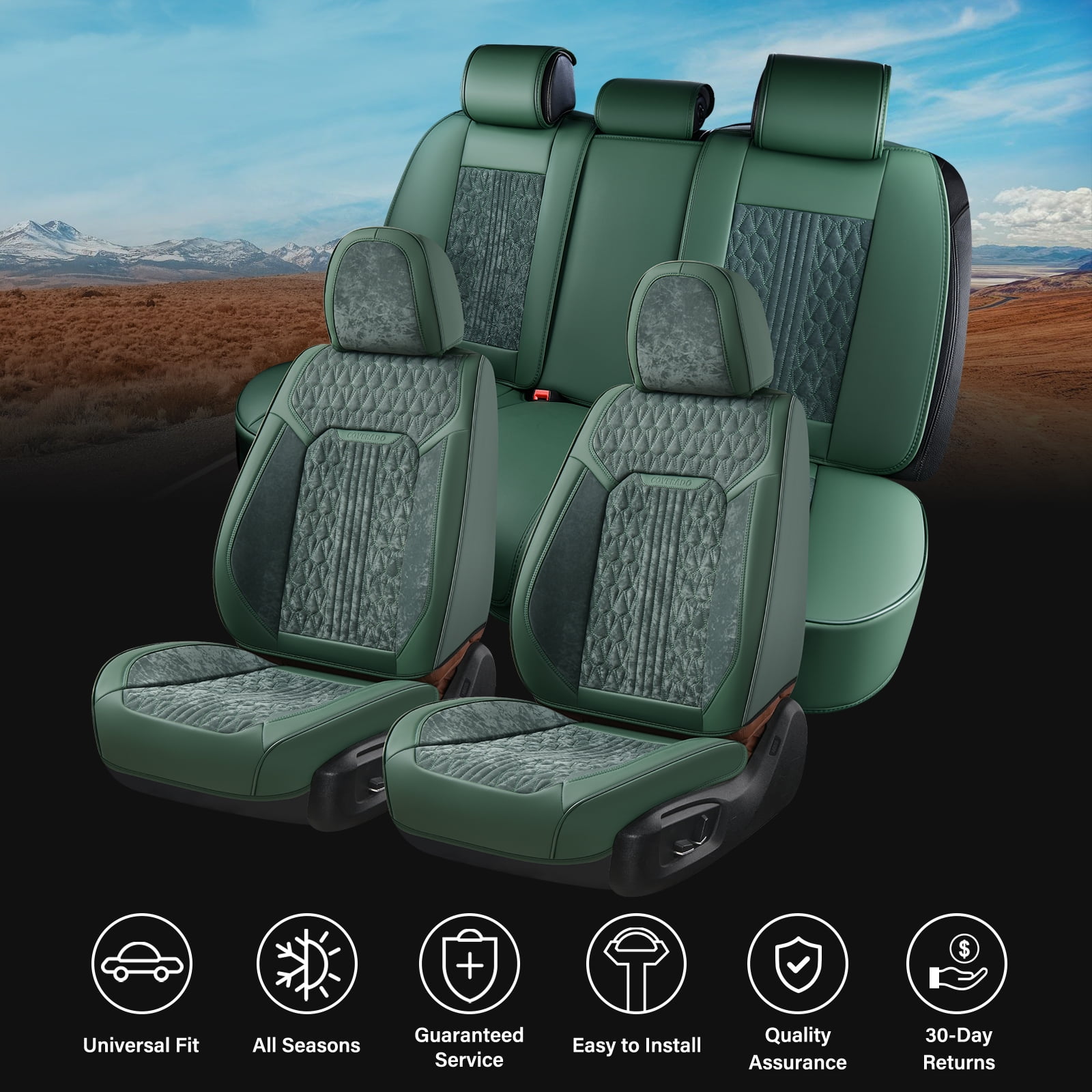 Coverado Full Set Car Seat Covers, Front and Back Seat Protectors, Faux Leather & Flannel Fashion Auto Accessories, Universal Fit Most Cars, SUVs Pickup Trucks, Green