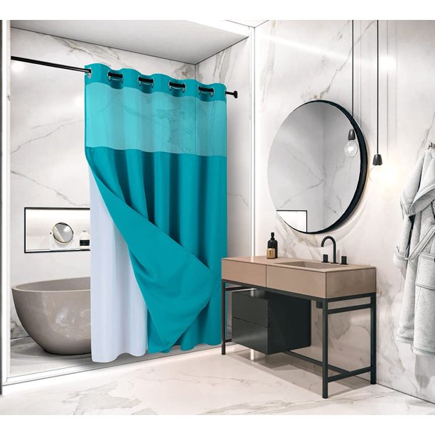 No Hooks Required Shower Curtain with Snapin Liner Waffle Weave Design