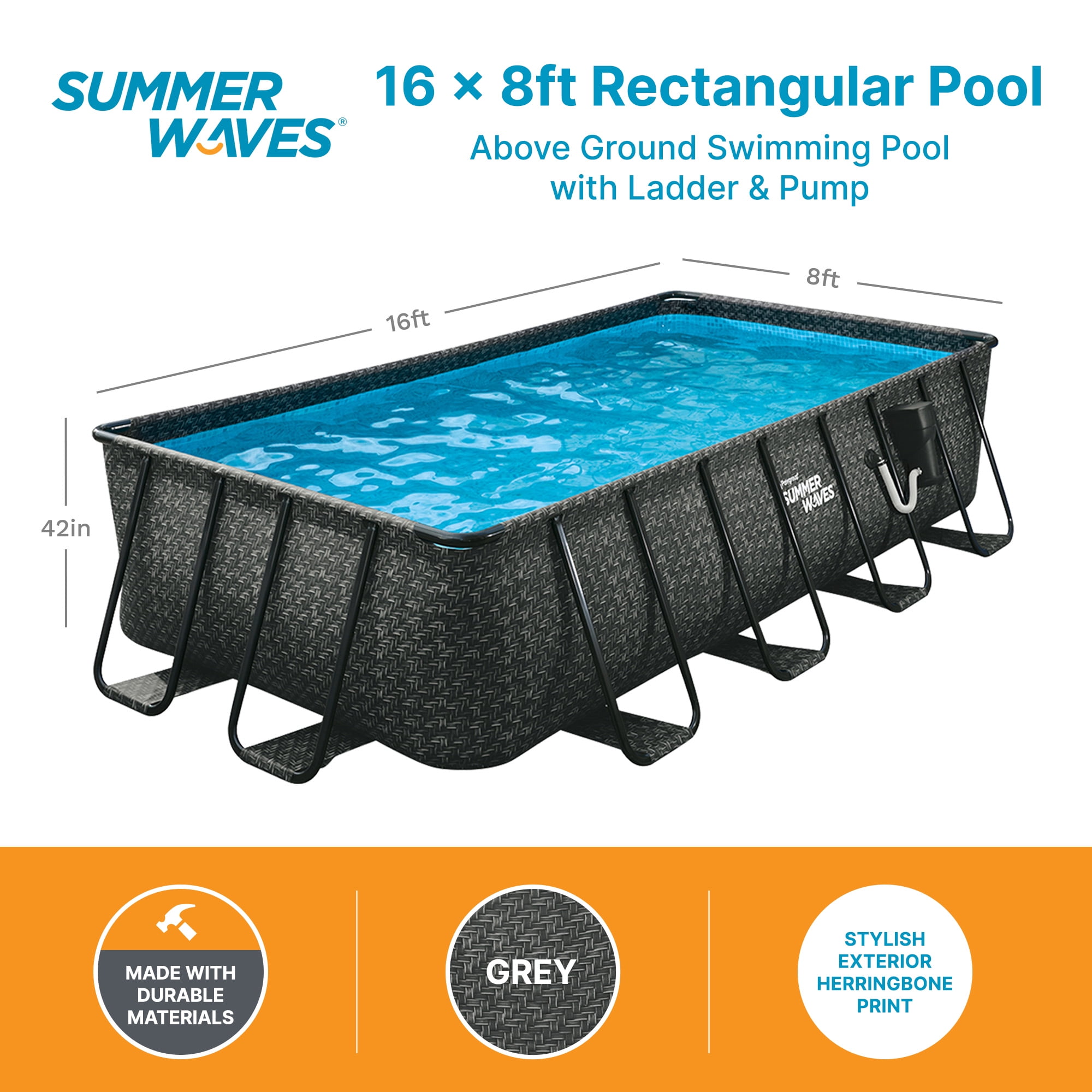 Summer Waves 16' Long Dark Herringbone Elite Frame Outdoor Rectangular Pool