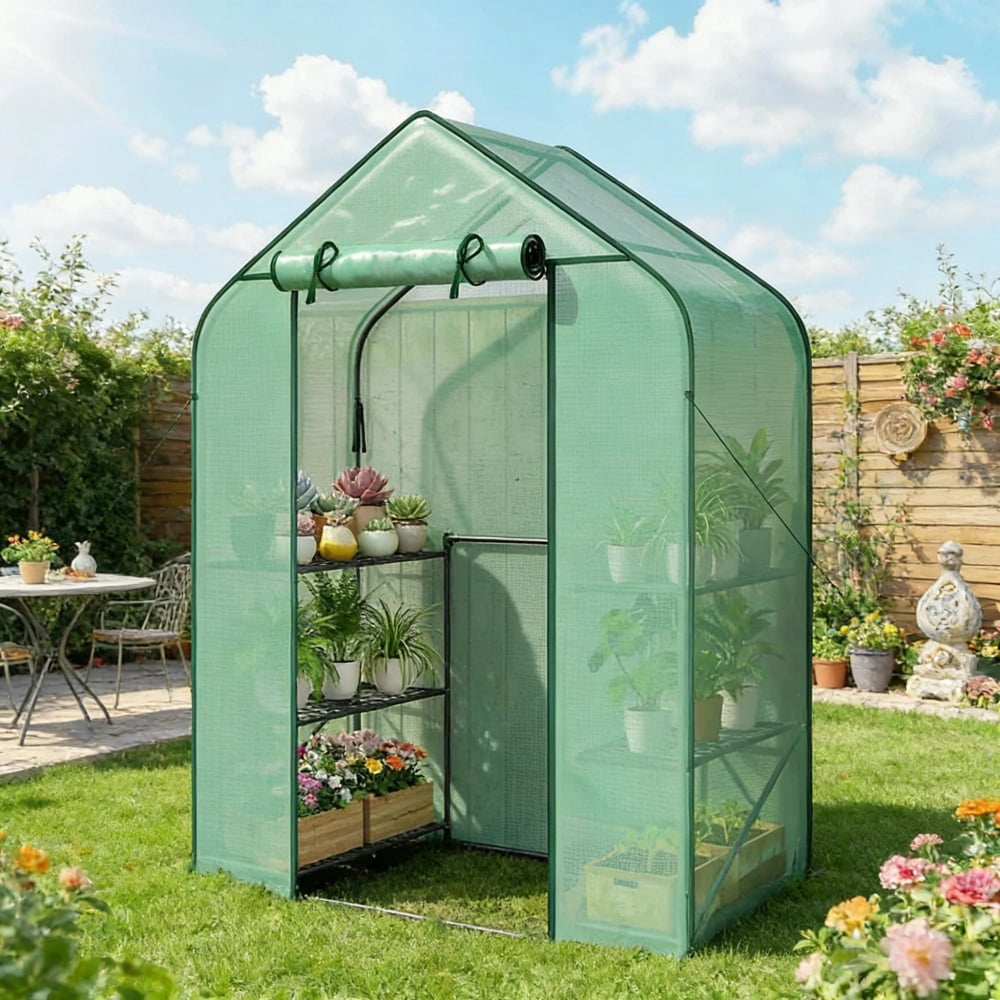 6‑Shelf Walk‑in Greenhouse 56.3×28×74", Foldable Steel Frame, PE Cover, Roll‑Up Zipper Door, 44 lbs Capacity Per Shelf, with Ground Stakes & Guy Ropes for Outdoor Patio Garden