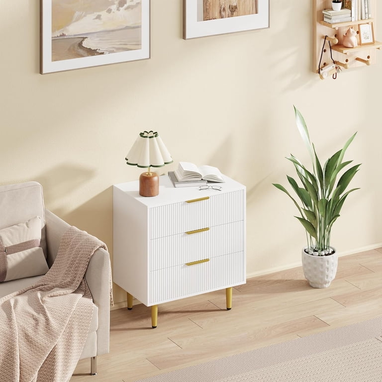 Wisykoke 3 Drawer Dresser for Bedroom, Small Fluted Dressers & Chest of  Drawers, Wooden Nightstand Storage Organizer with Gold Metal Handles & Legs  ...