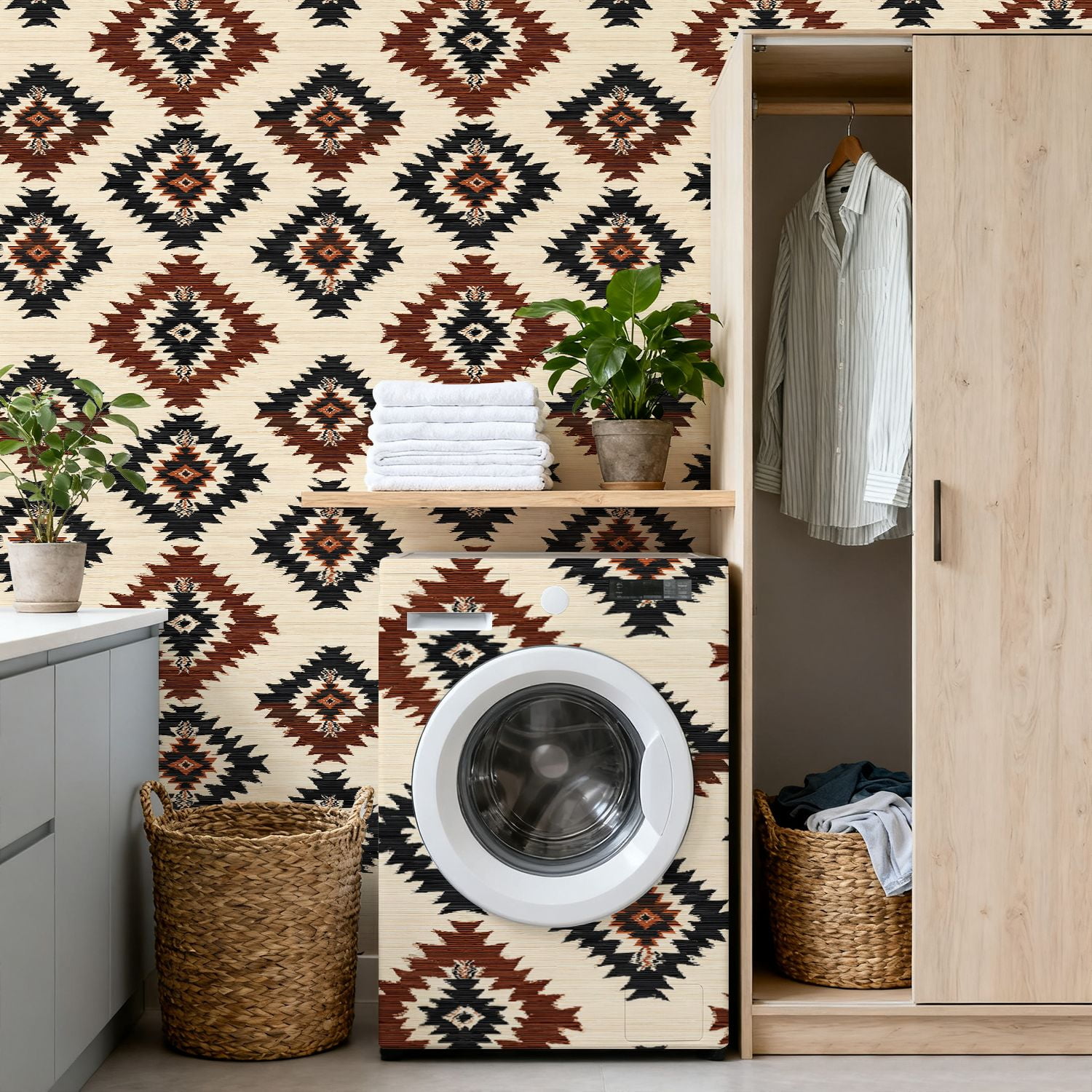 Aztec Peel and Stick Wallpaper Geometric Diamond Earthy Tones Vintage Texture Wall Mural 17.7in x 9.8ft Self Adhesive Removable Wall Paper Renter Friendly Wallpaper for Nursery Bedroom Cabinets