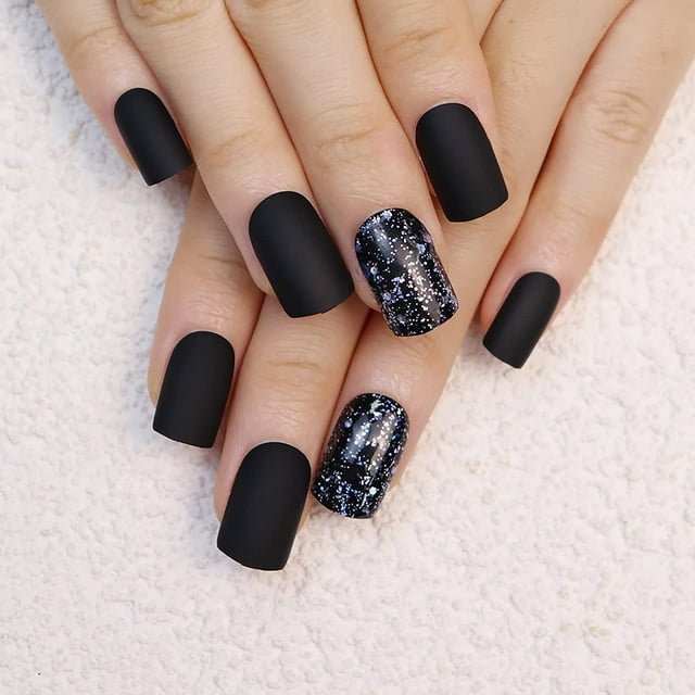Prensa cuadrada negra mate en las uñas, uñas postizas cortas con purpurina, uñas postizas cuadradas de cobertura completa con pegamento, 24 uñas postizas para mujeres y niñas DIY Jormftte CZMR-ZC53