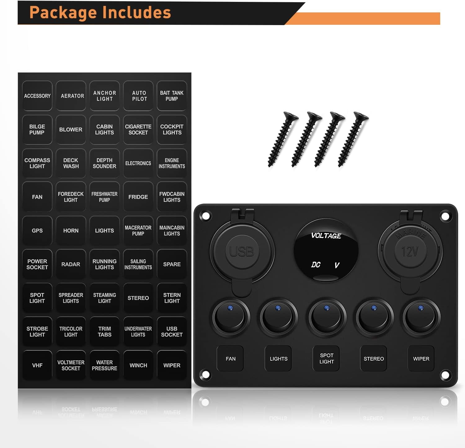 DEXIMRO Multi-Function 5 Gang Rocker Switch Dual USB Charger Digital Volmeter 12V Outlet Pre-Wired Switch Panel Blue with Circuit Breakers for RV Car Boat Truck Trailer