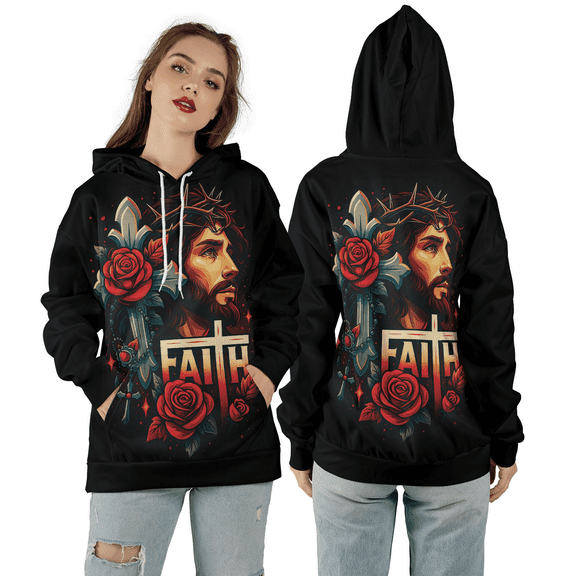 Faith Jesus 3D Hoodie, Christian Cross Rose Pattern 3D Hooded Sweatshirt, Religious Faith Savior All Over Print