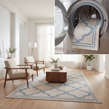 SAFAVIEH Machine Washable Rug Indoor/Outdoor Bermuda Collection - Outdoor BMU810L Bermuda Collection Ivory / Blue Rug